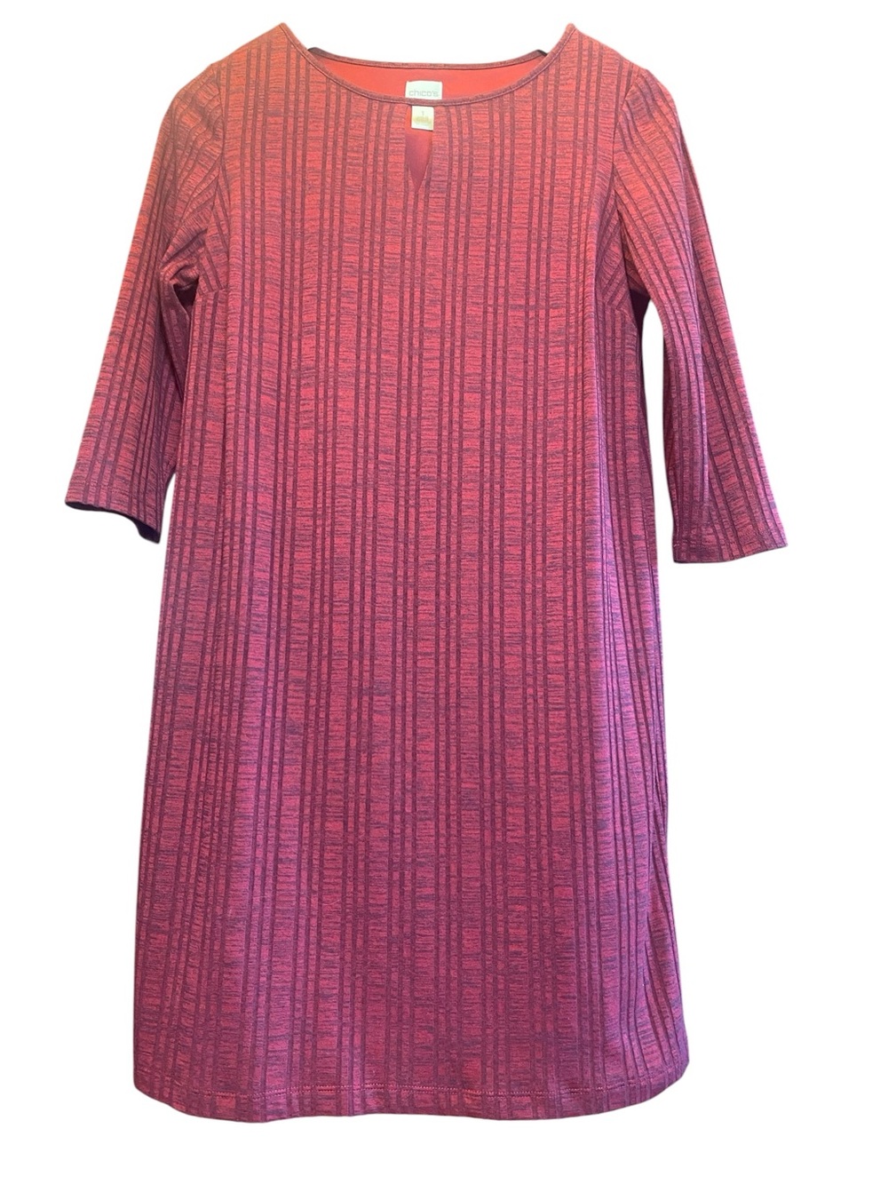 Chico’s 1 burgundy dress keyhole slimming vertical stripes 3/4 sleeves